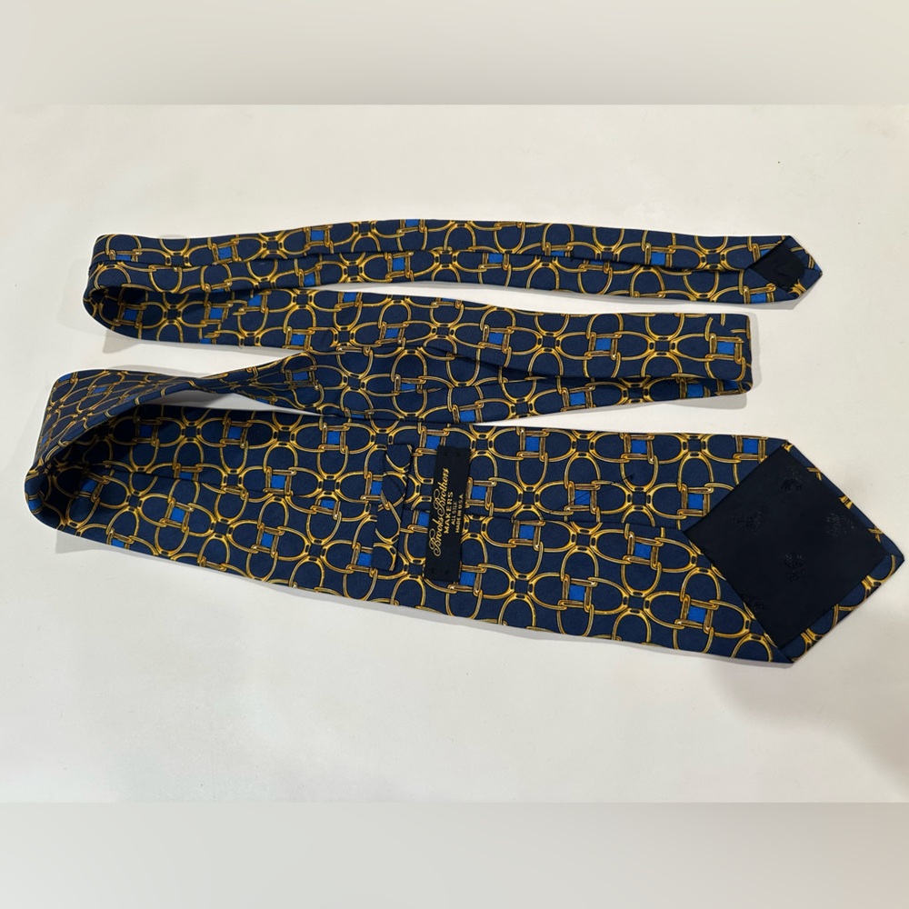 Brooks Brothers Makers Silk Tie 58” Gold Blue Geometric Design Men’s